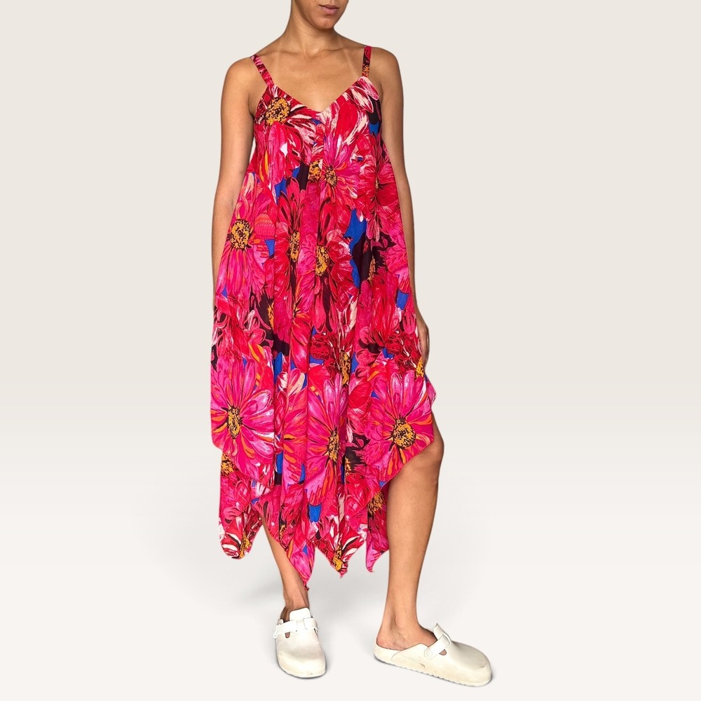 Mlle Gabrielle Pink Floral Handkerchief Hem Midi Dress Small V-Neck Boho - Picture 3 of 8